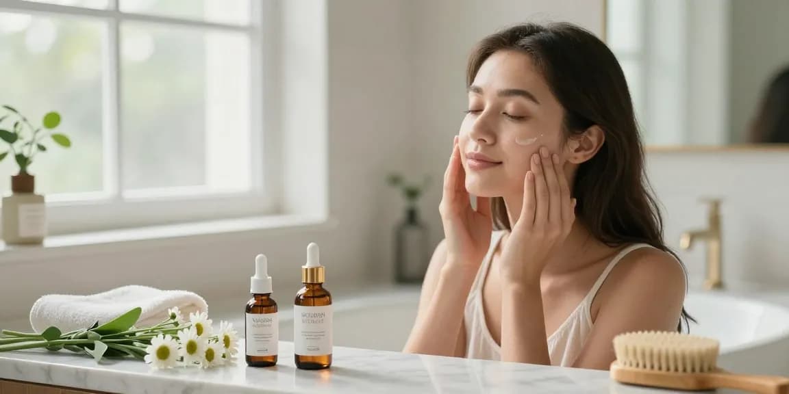 Nourish and Hydrate Serum application by a young woman in a serene bathroom setting, promoting skincare and self-care.