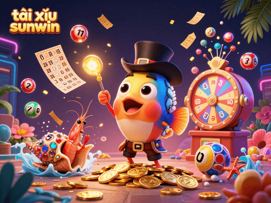 Engage in the tài xỉu sunwin excitement with dynamic scenes of anglerfish, shrimp, and sea snail amidst vibrant gaming elements.
