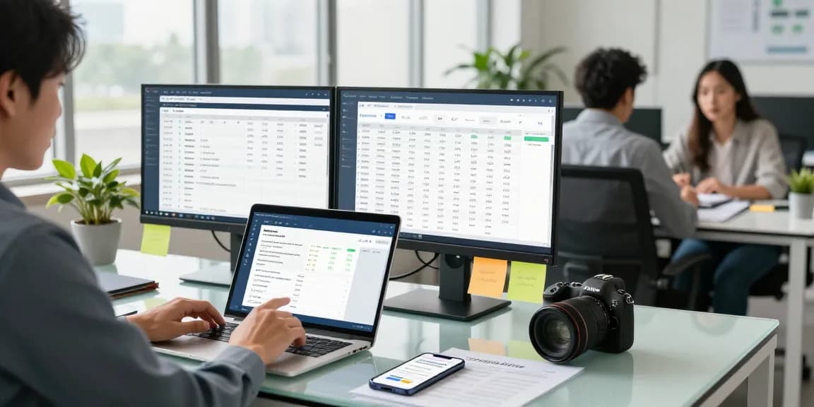 Analyzing billing system software in a modern office environment with vibrant decor.