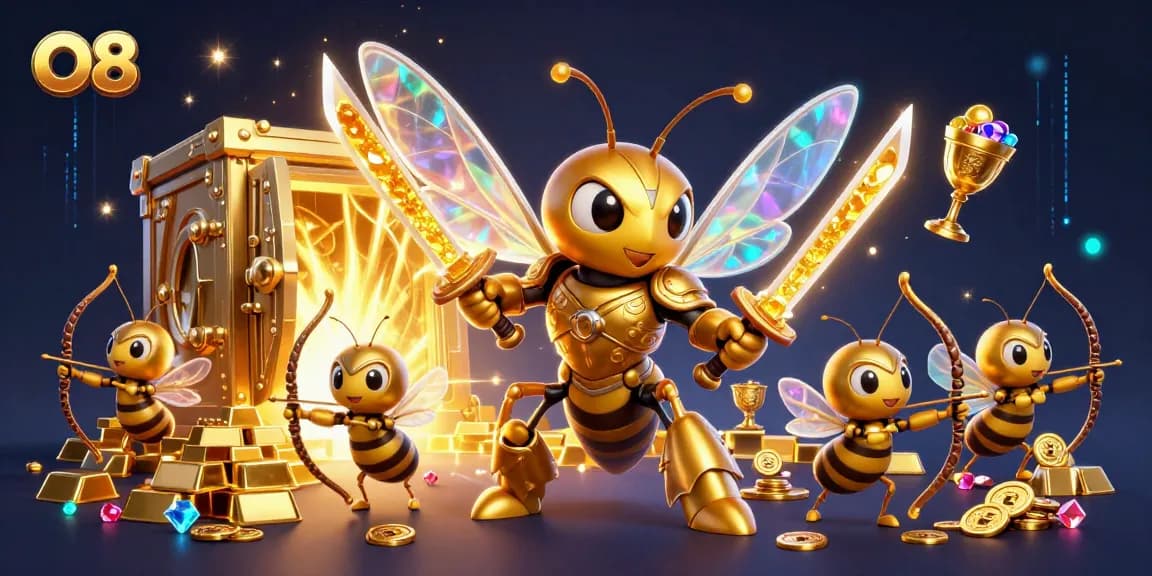 Spin the reels at O8 with an exciting 3D illustration showcasing vibrant casino elements.