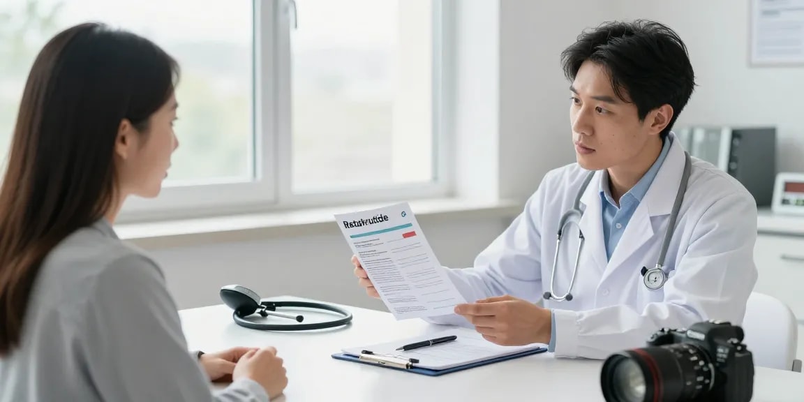 Discussing benefits to buy retatrutide online in a bright clinic.