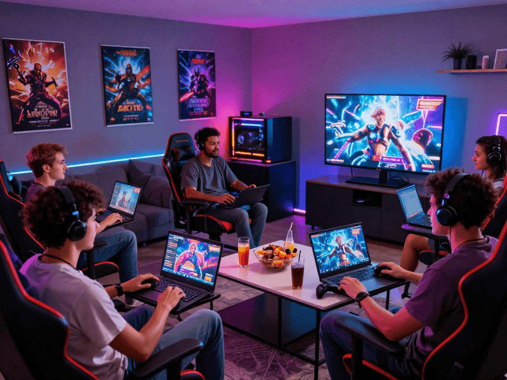 Engaging scene of adults playing online porn games in a vibrant gaming room.
