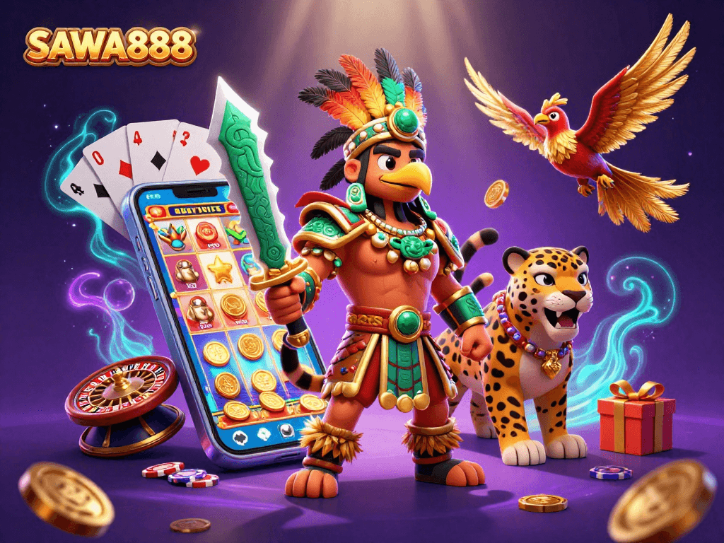 SAWA888 showcases thrilling slot gameplay with Aztec warriors and vibrant casino elements.