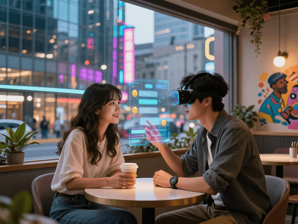 A person interacting with a holographic ai girlfriend in a vibrant city, illustrating future companionship.