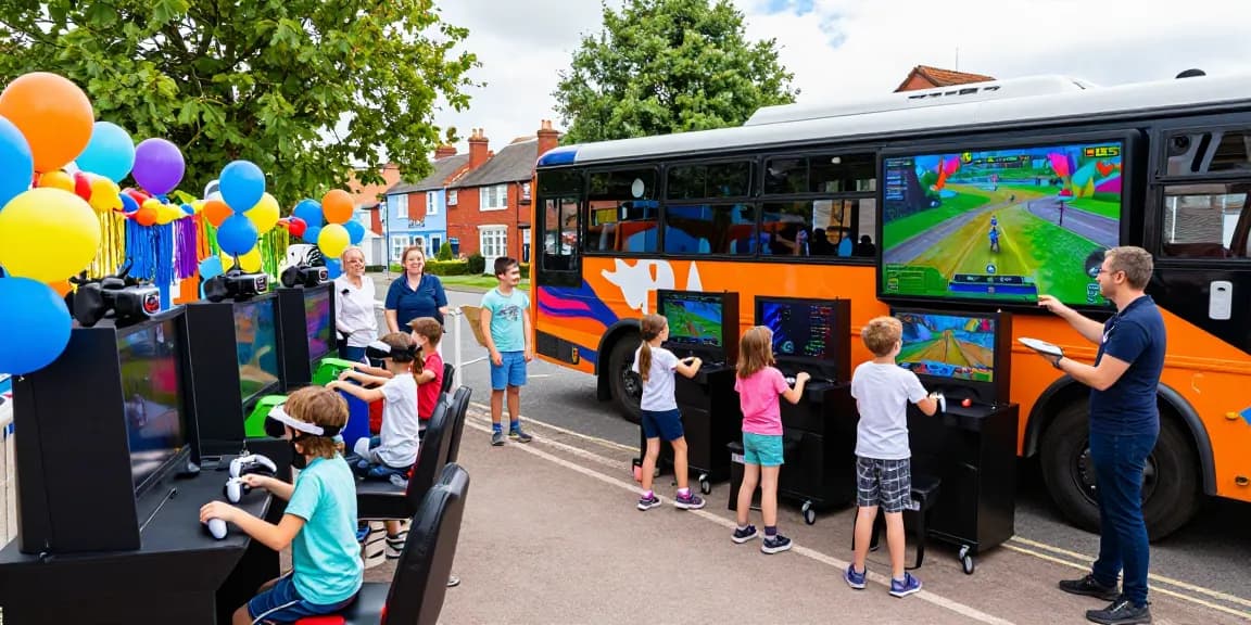 Gaming Bus Colchester filled with joyful children celebrating a birthday, indulging in PS5 and VR gaming.