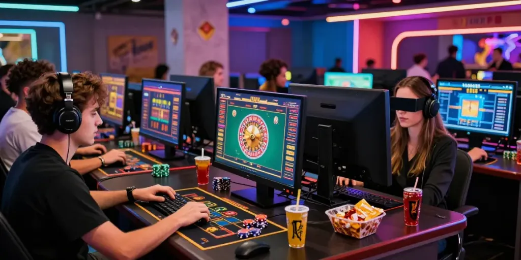 Dynamic scene of players enjoying 11bet online gaming with laptops and snacks