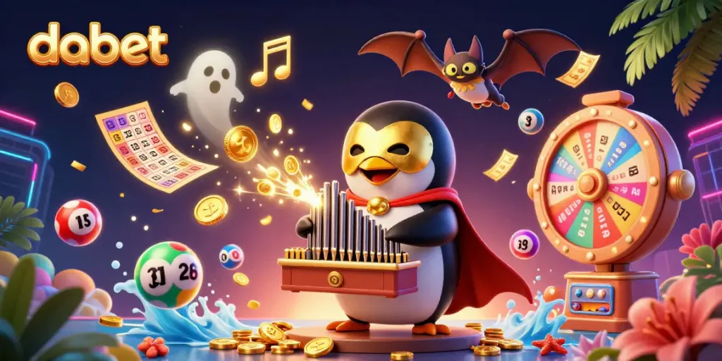 Dabet showcases a whimsical 3D casino scene with a penguin and golden coins amid vibrant lottery elements.