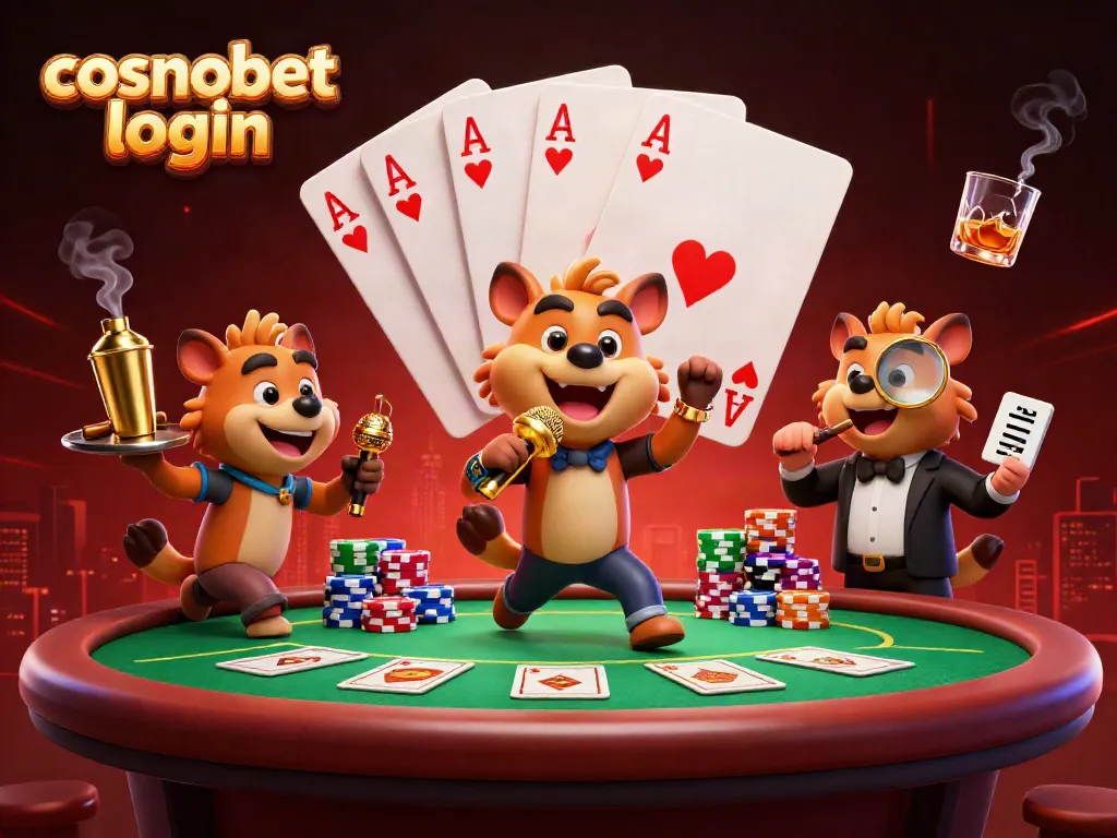 Join the fun at cosmobet login with lively hyenas at a casino, blending humor and gaming excitement.
