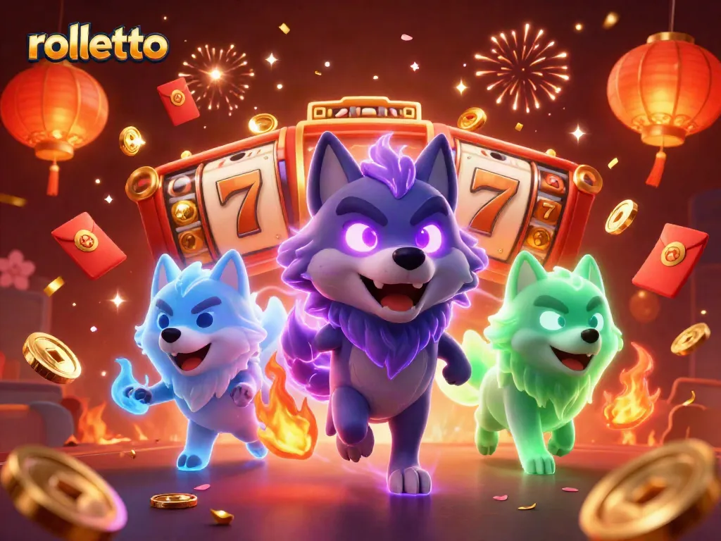 Experience rolletto excitement with a dynamic scene of wolves and slot reels in a festive atmosphere.