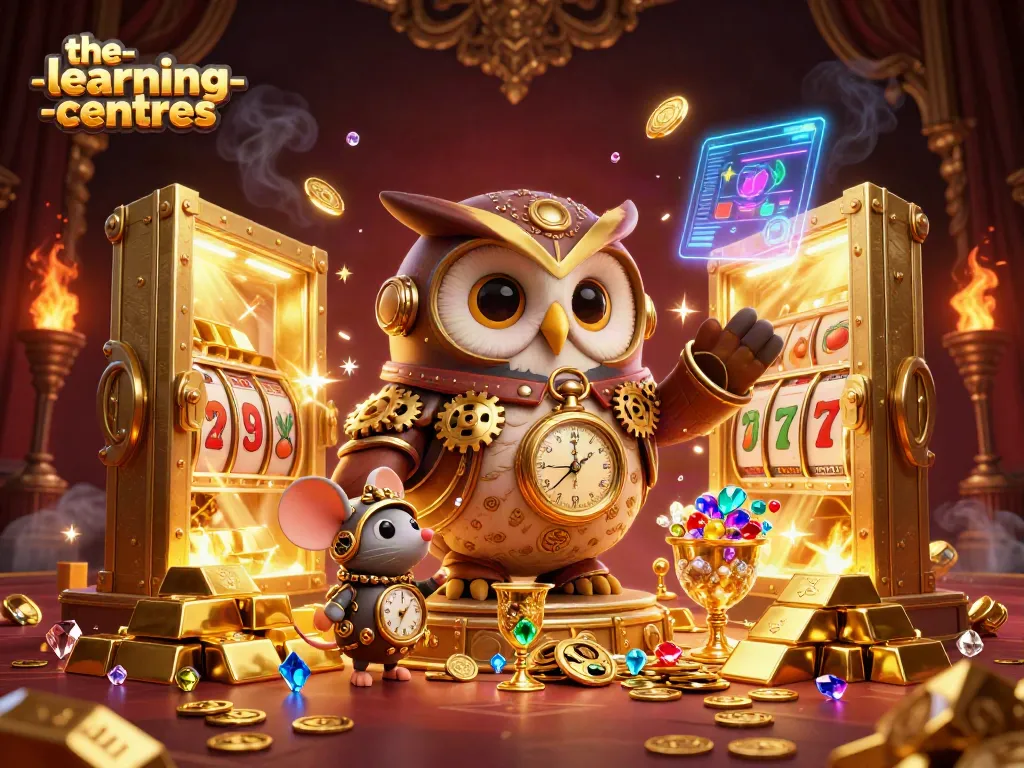 The-learning-centres showcase 3D cartoon owl and mouse amidst vibrant casino elements like slot reels.