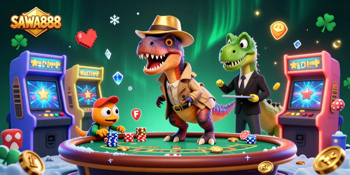 Experience the thrilling gameplay of SAWA888 with a velociraptor card counter at the blackjack table amidst vibrant casino elements.