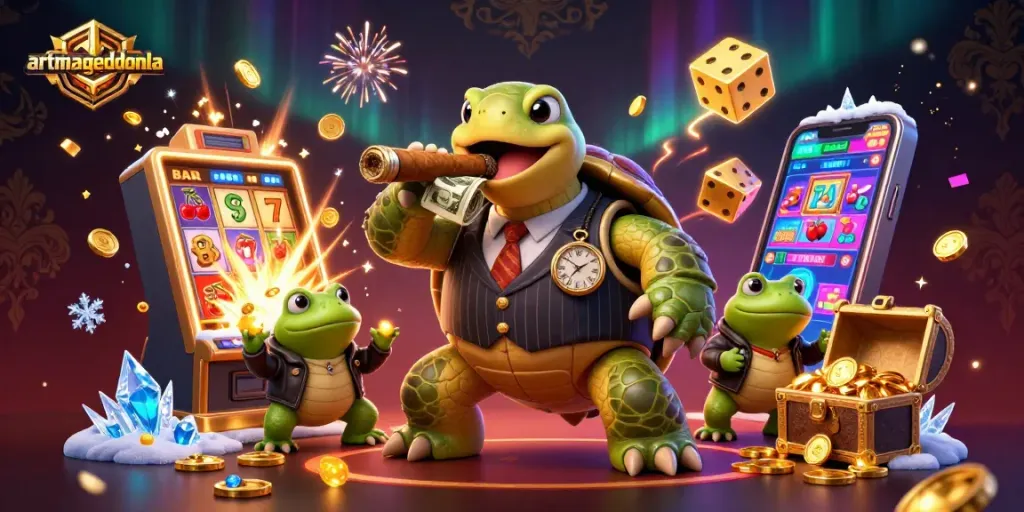 Join the fun at artmageddonla, where a snapping turtle in a mobster suit brings thrilling slots to life!