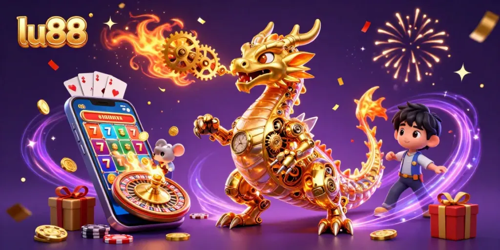 Experience the thrill of lu88 slots with a vibrant 3D illustration featuring golden dragons and exciting games.