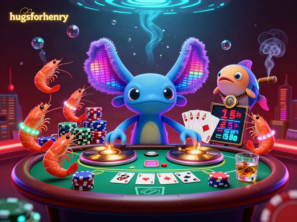 Engaging scene with hugsforhenry, featuring a neon axolotl DJ, colorful poker elements, and lively underwater party atmosphere.