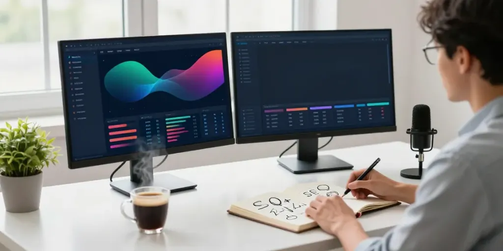 SEO specialist analyzing instant indexing metrics in a modern workspace.