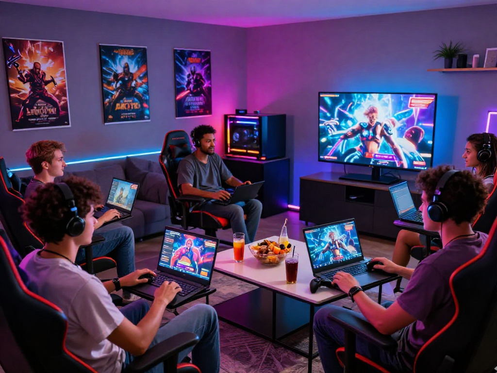 Engaging scene of adults playing online porn games in a vibrant gaming room.