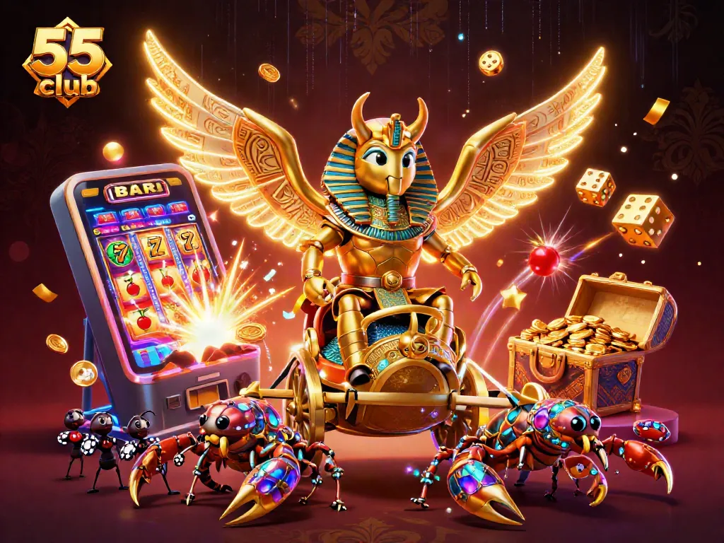 Experience the thrilling excitement of 55 club with a vibrant, interactive casino scene featuring iconic gaming symbols and characters.