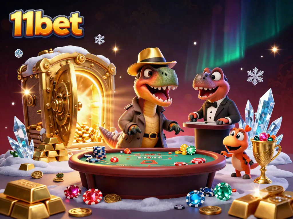 Experience the action at 11bet with cartoon dinosaurs at a blackjack table amidst treasures and casino elements.