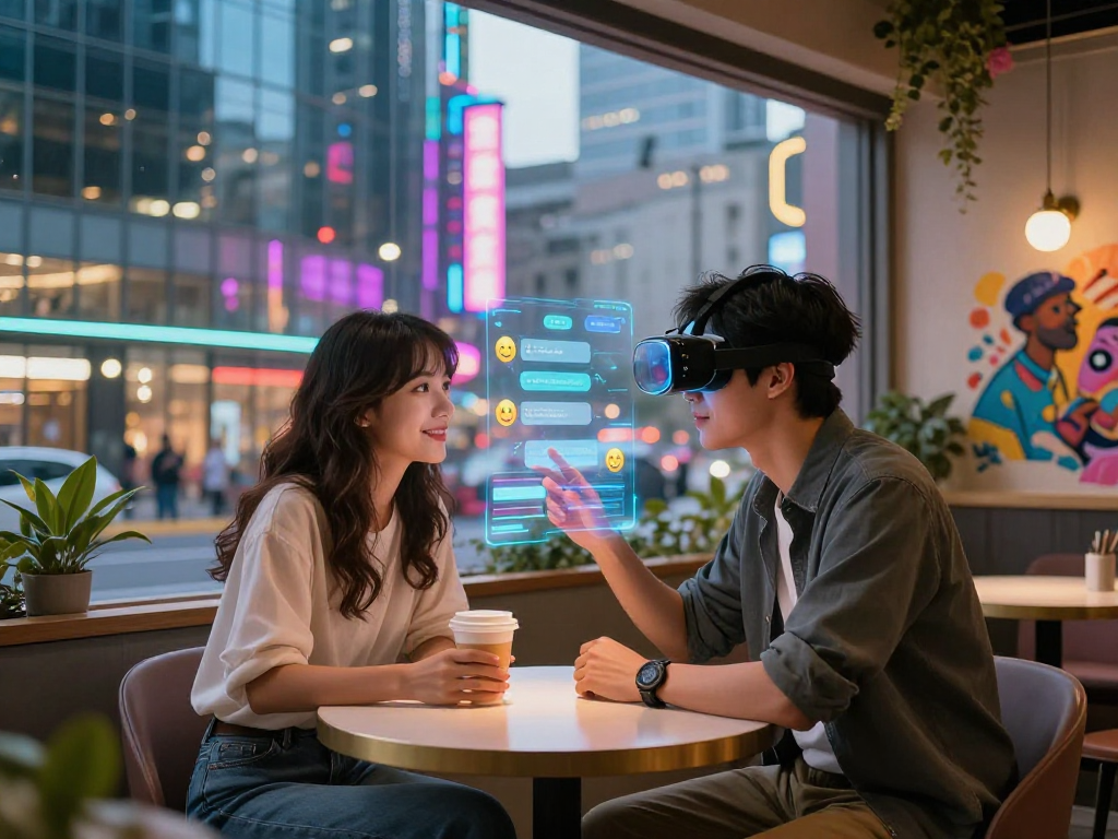 A person interacting with a holographic ai girlfriend in a vibrant city, illustrating future companionship.