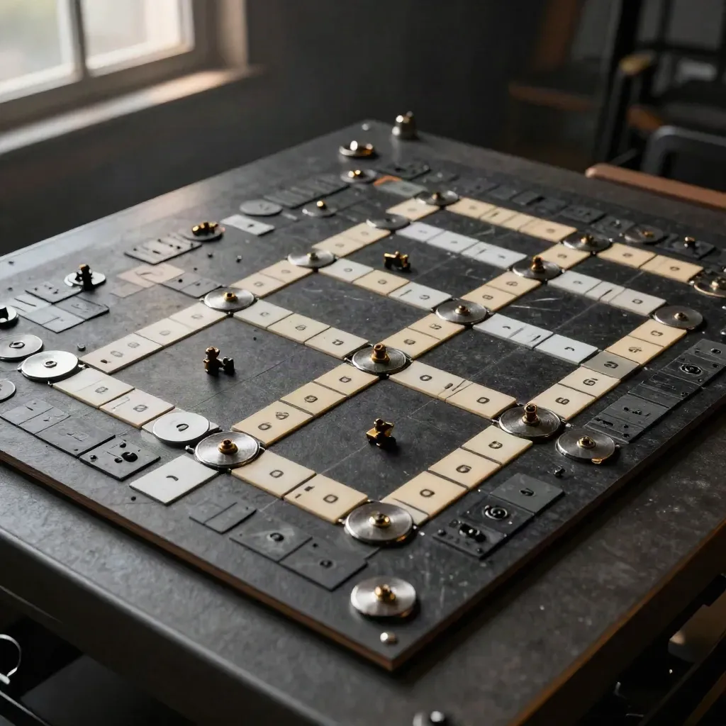 Charcoal game design board with metal tokens, snap tiles, and ice-white route markers.