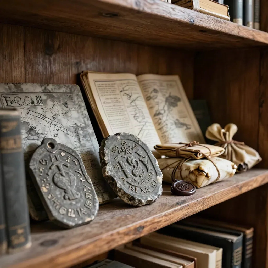 Weathered lore relics, faction tokens, folded maps, and a carved stone artifact on a dim archive shelf.