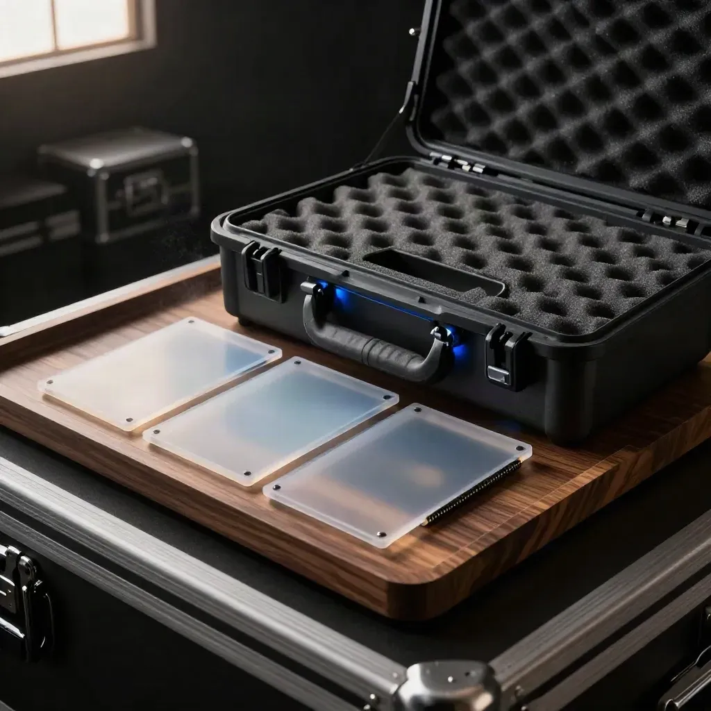 Three sleeves, an SSD and a hard case on a dark export tray under moody light.