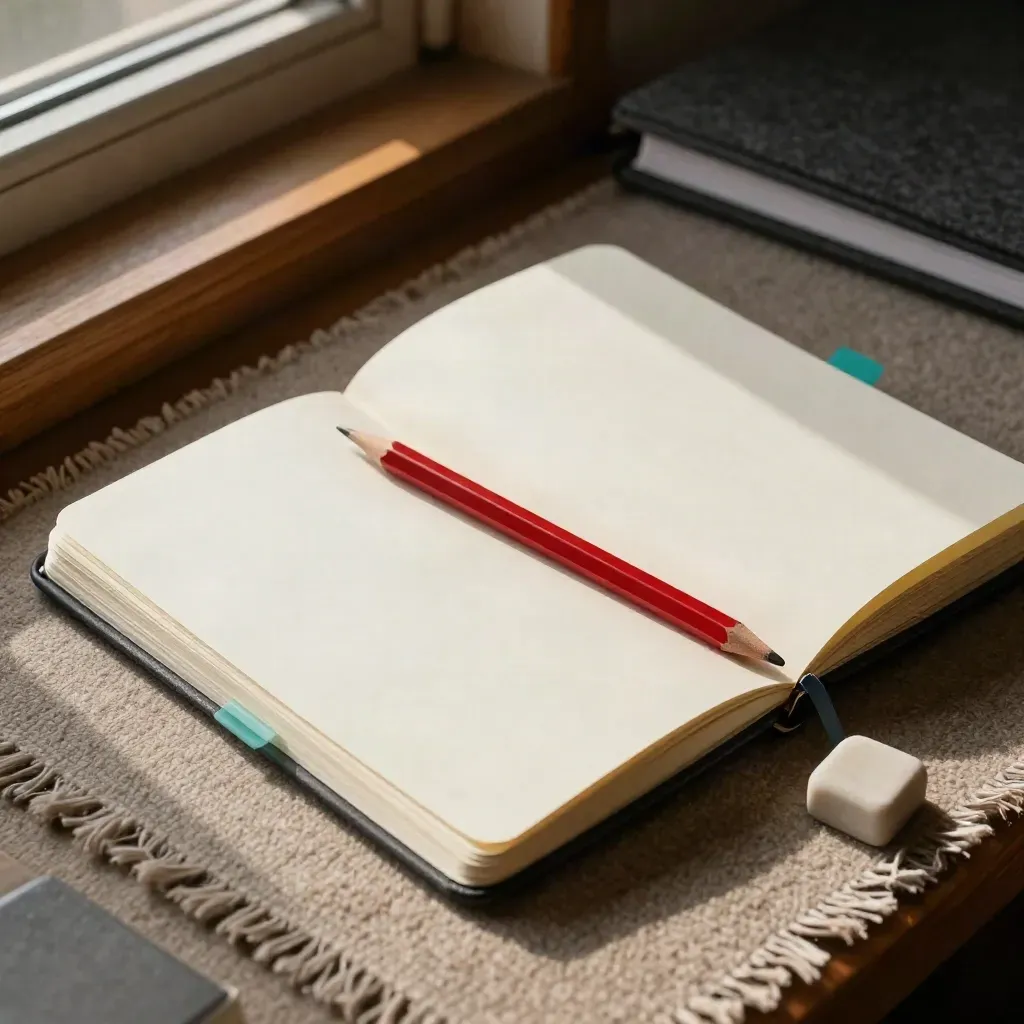 Blank notebook, red pencil, teal tabs and eraser on a wool mat in warm window light.