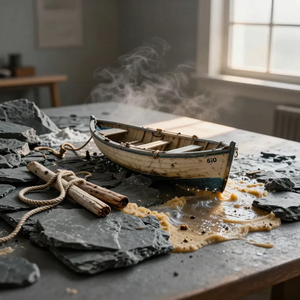 Storm-tested sea-survival game diorama with skiff hull, wet rocks, rope coils and foam.