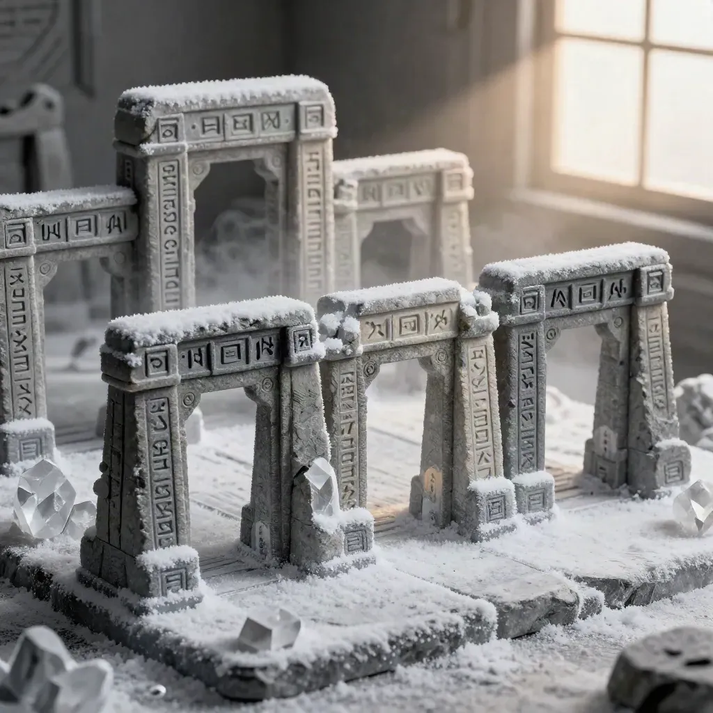 Icy puzzle diorama with stone gates, crystalline blocks, and frost haze in a solved state.