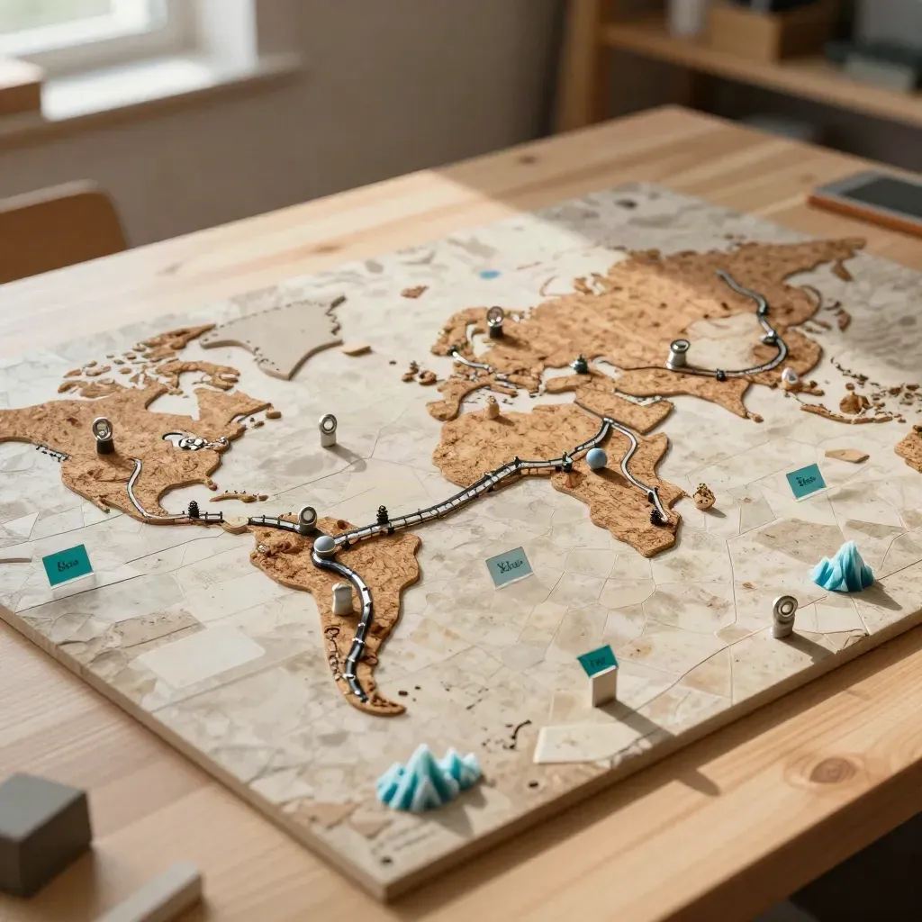 Overhead macro of a co-op world map with teal quest markers and interlocking terrain tiles.