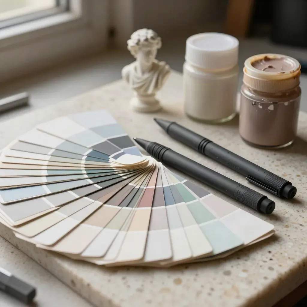 Macro still life of swatches, stylus, resin bust, and paint jars on travertine