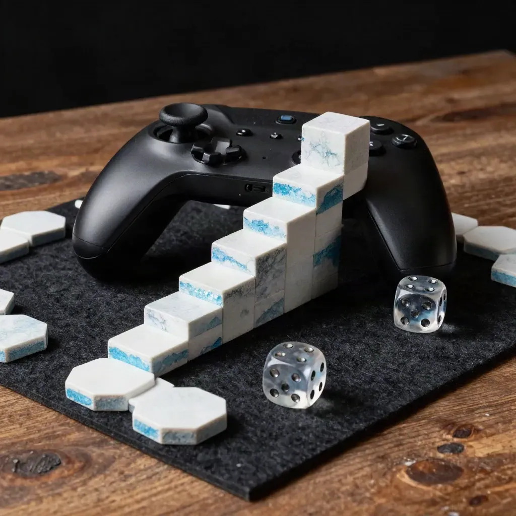 Mini level blocks, D-pad controller, dice and hex tiles on black felt under dramatic studio light