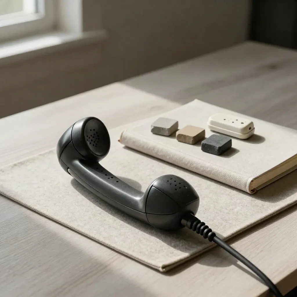 Vintage handset with notebook, color chips, and controller shell on felt mat.