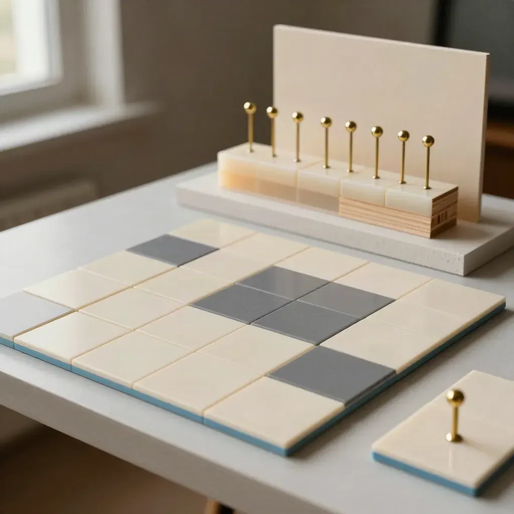 Magnetic planning tiles, brass pins and a modular blockout model on a plaster shelf