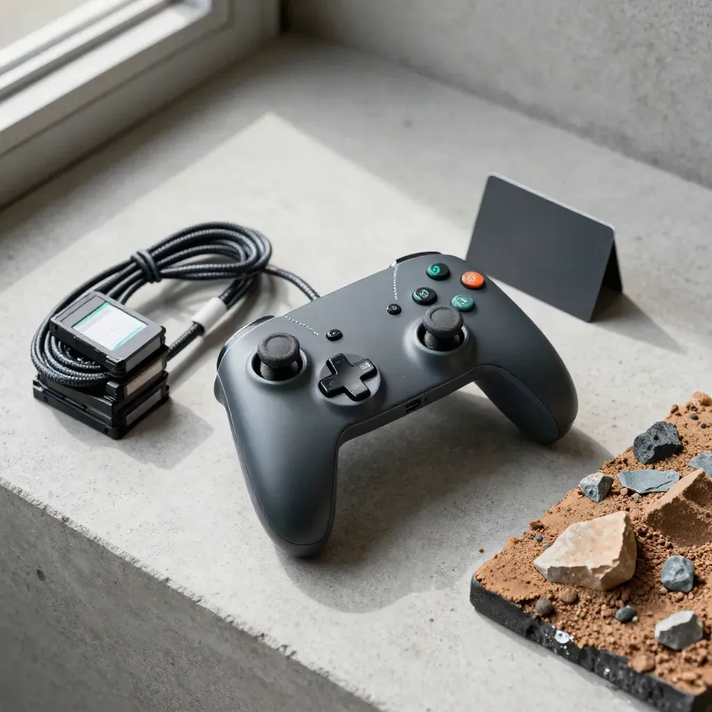Controller, dev-kit cartridges, cables, and terrain slice on concrete, seen from overhead.