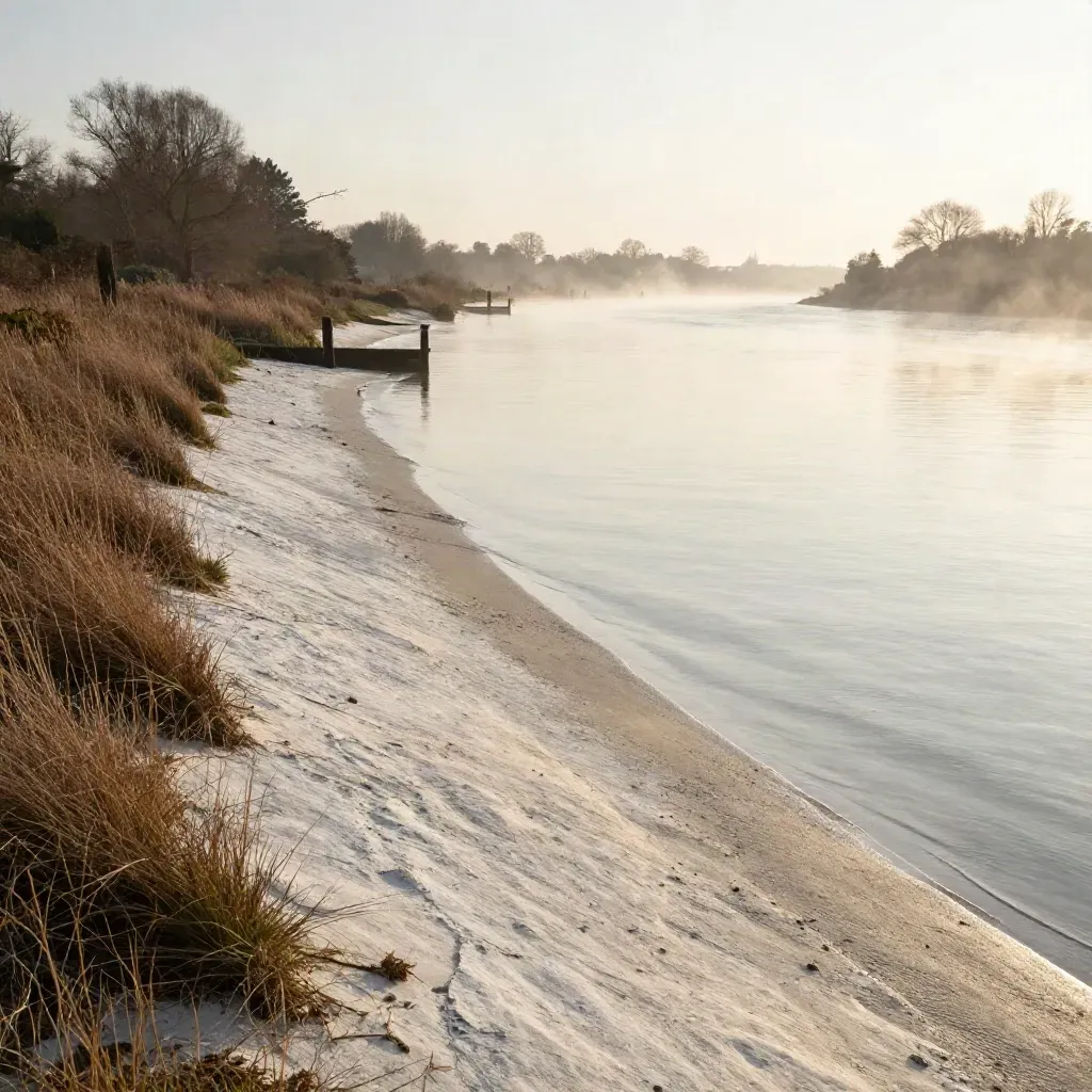 Golden Thames bend with mist, chalk bank and still water under sunrise haze.