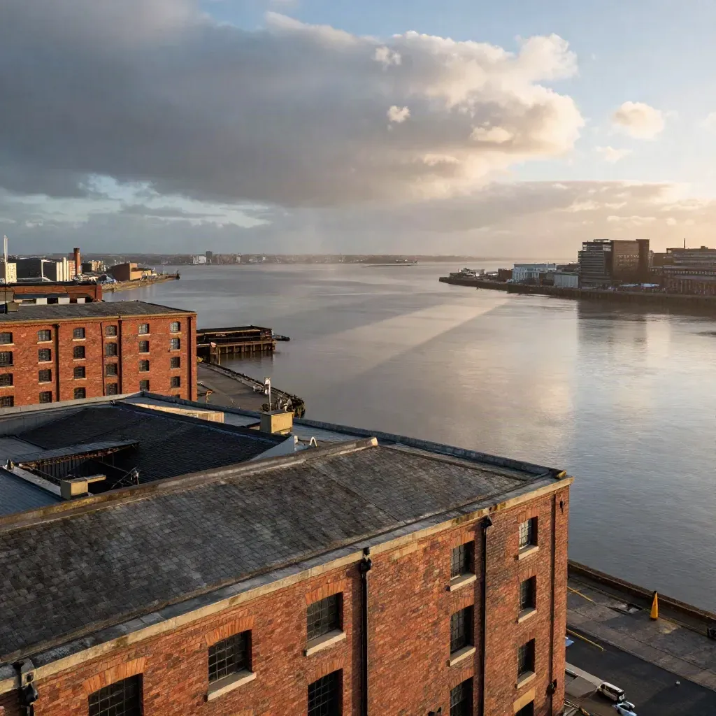Liverpool docklands at sunset, red-brick warehouses over calm Mersey water and haze