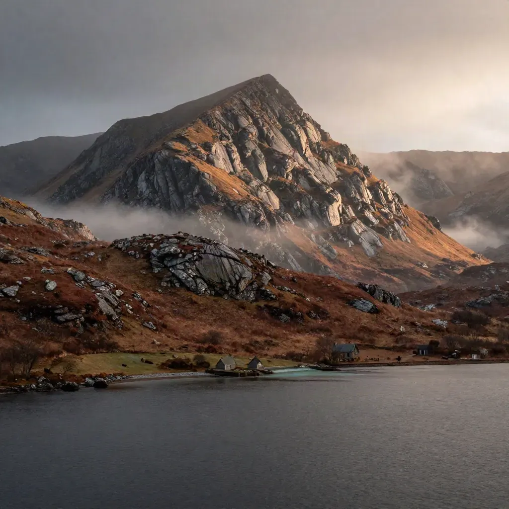 Cuillin ridge above a dark loch with mist, croft silhouettes and evening light.
