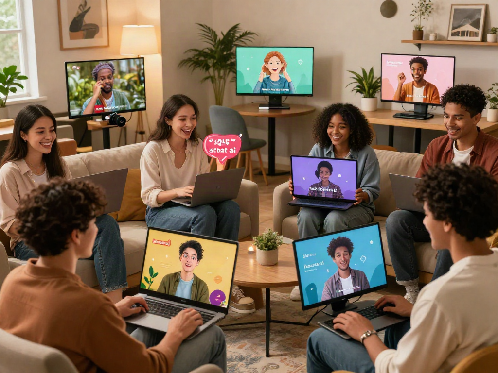 Engaging scene of users interacting with AI for sex chat ai on devices in cozy environments.