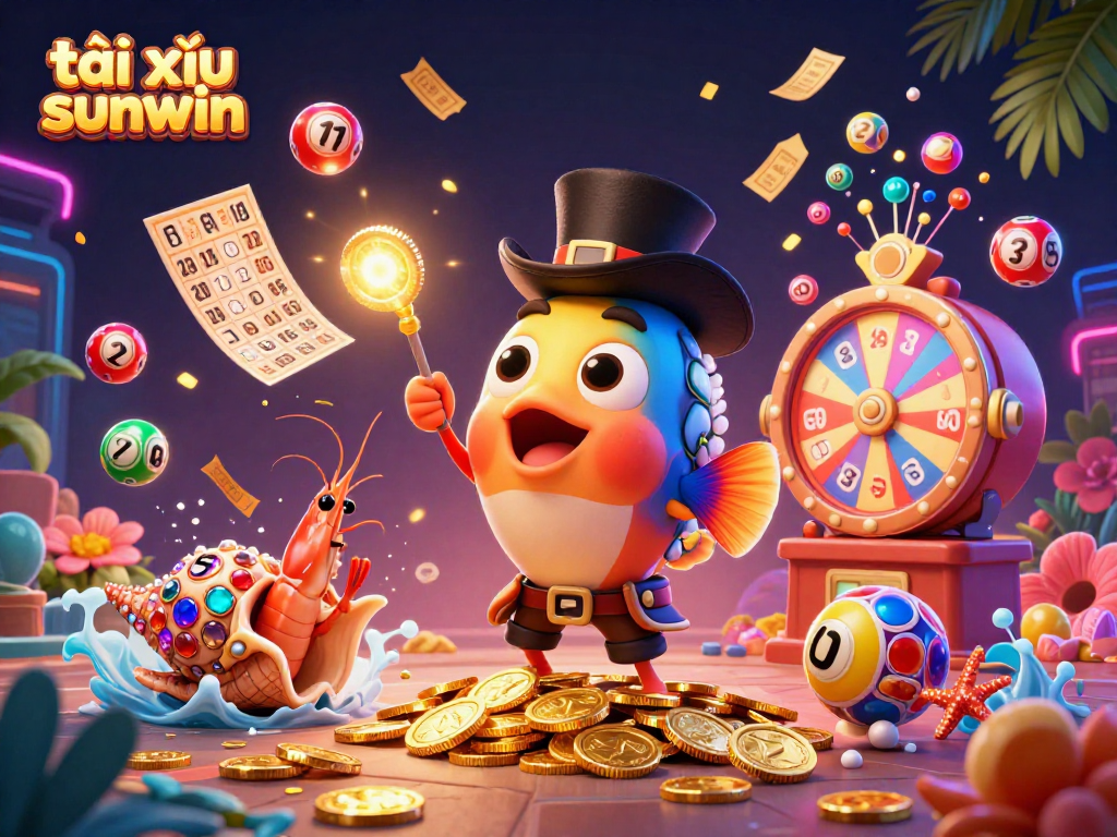 Engage in the tài xỉu sunwin excitement with dynamic scenes of anglerfish, shrimp, and sea snail amidst vibrant gaming elements.