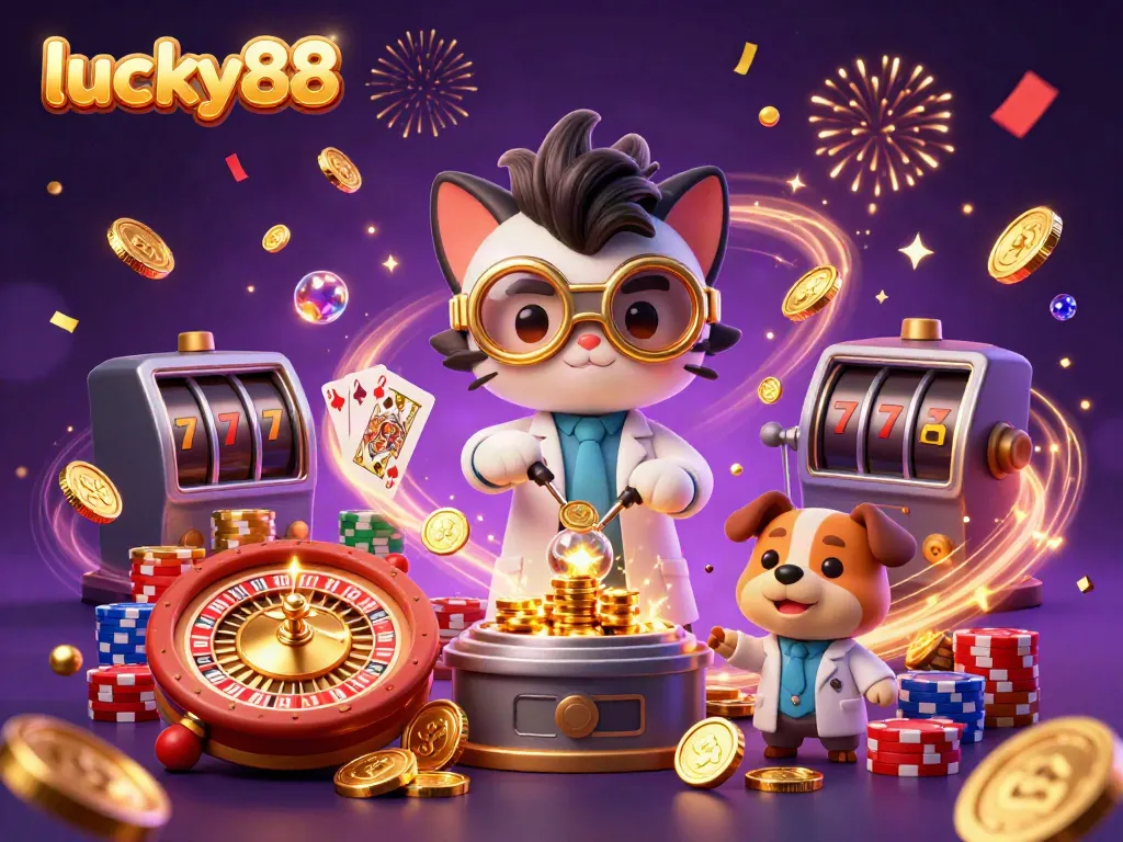 Experience lucky88 with exciting casino elements featuring playful characters in a dynamic scene.