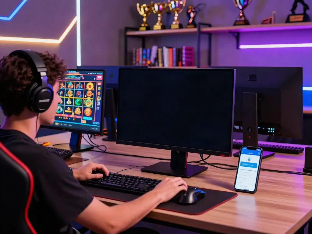 Engaged player enjoying games at online credit card casinos, vibrant gaming setup with modern accessories.
