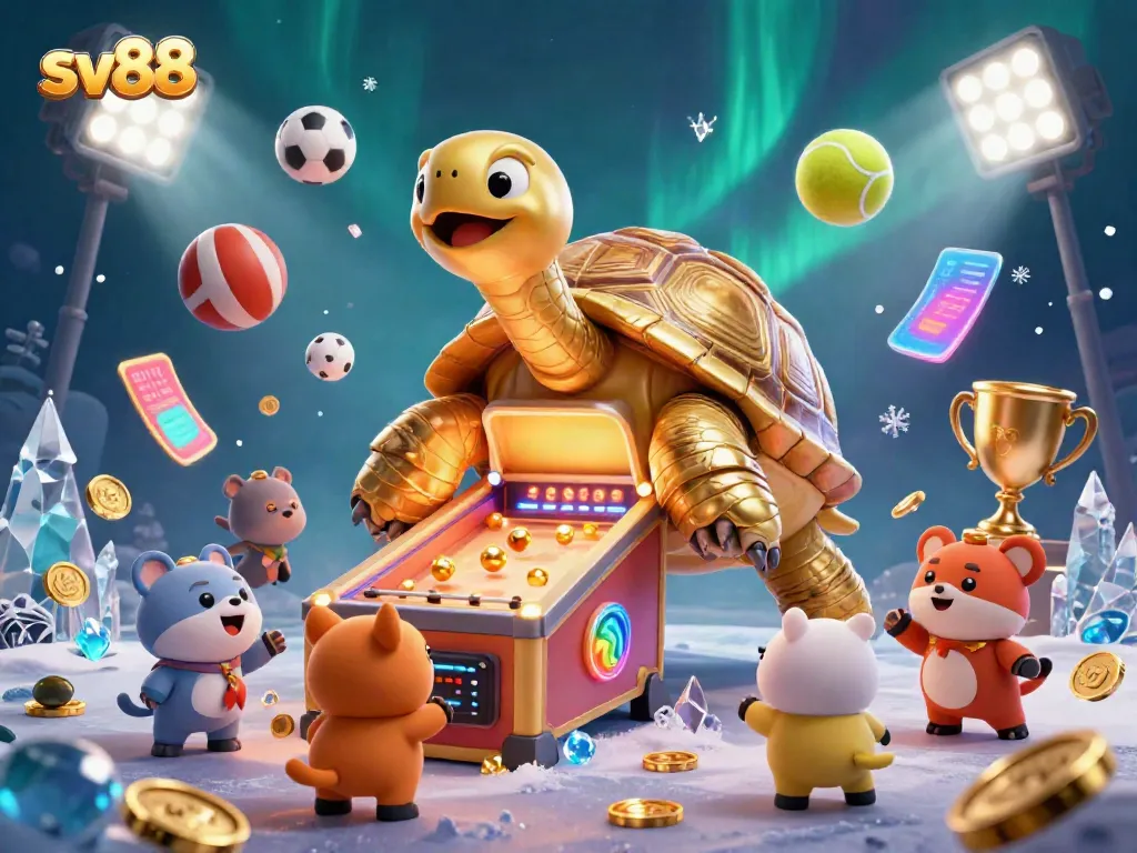 Engage with sv88's dynamic 3D golden tortoise and sports elements in an exciting casino scene.