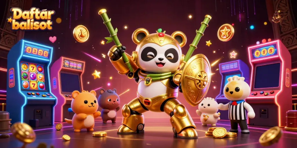 Experience the thrill of playing at Daftar balisot with vibrant slot machines and a golden panda in action.