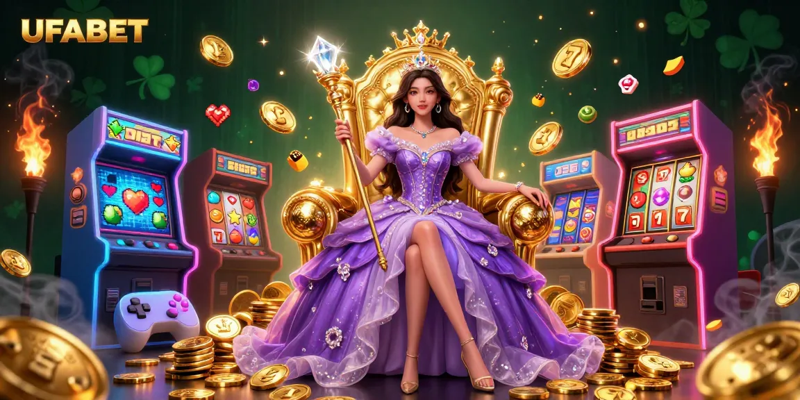 Play exciting games at UFABET with the stunning Asian princess holding a scepter surrounded by casino elements.