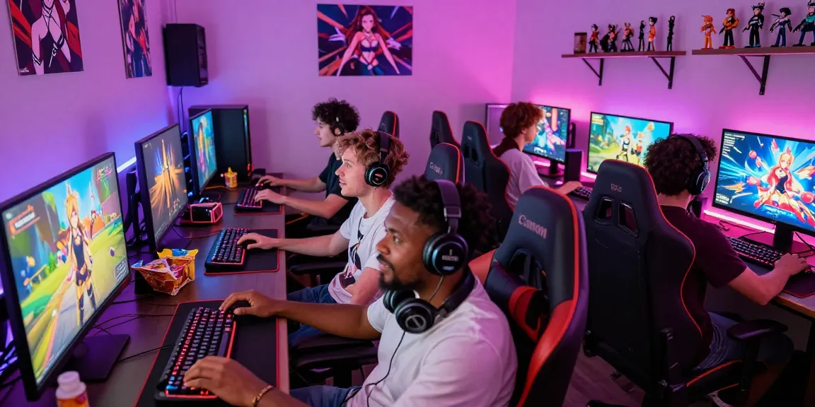 Group of gamers enjoying a hentai game online with vibrant graphics and gaming setup.