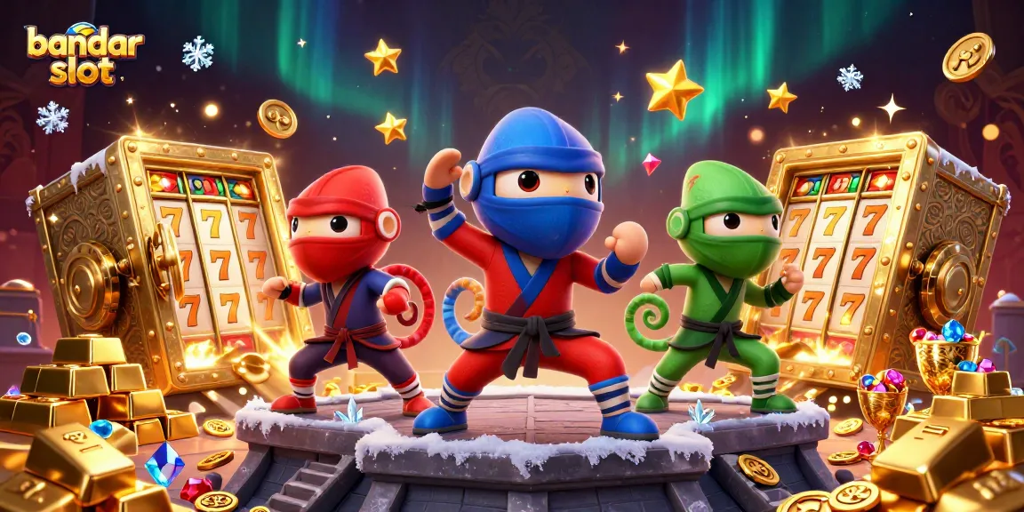 Engage with bandar slot in a vibrant 3D scene featuring ninja chameleons and golden treasures.