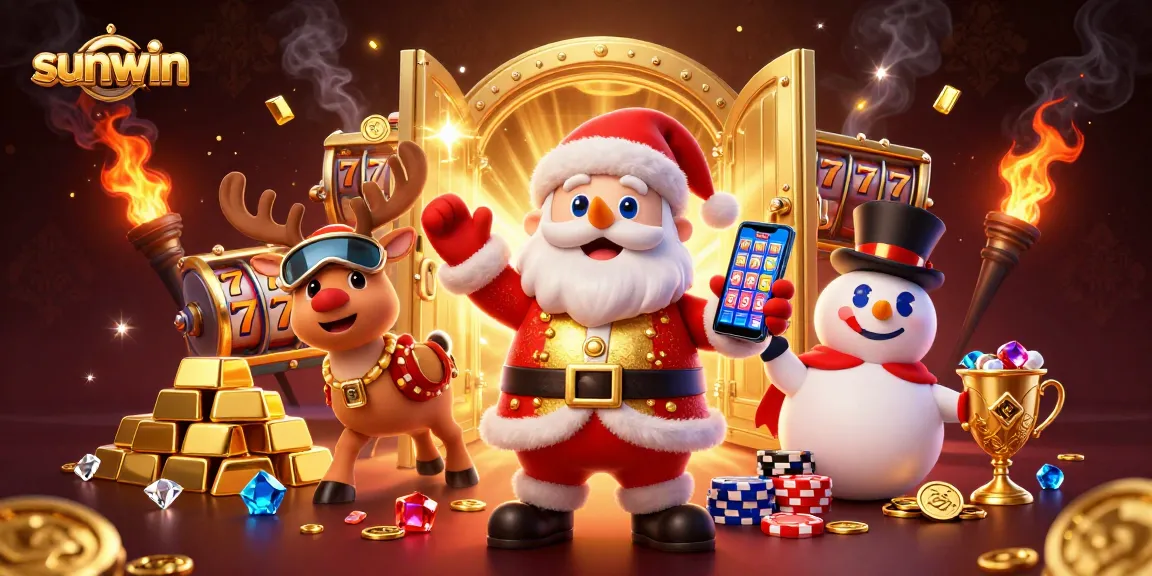 Experience jackpots with sunwin in this vibrant casino scene featuring a cartoon Santa, reindeer, and snowman.