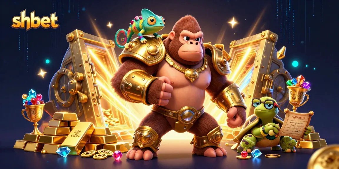 Bet big with shbet in a vibrant 3D casino illustration featuring dynamic characters and overflowing treasures.