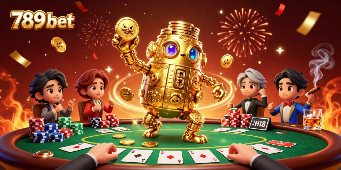 Engage with the vibrant world of 789 bet, featuring a golden golem, poker elements, and festive casino ambiance.
